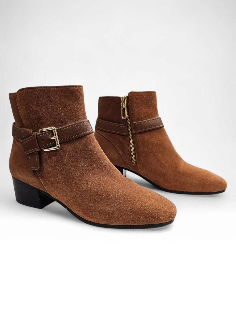TALBOTS Women Dakota Brown Suede Buckle Strap Zip Block Heel Ankle Boots 7M